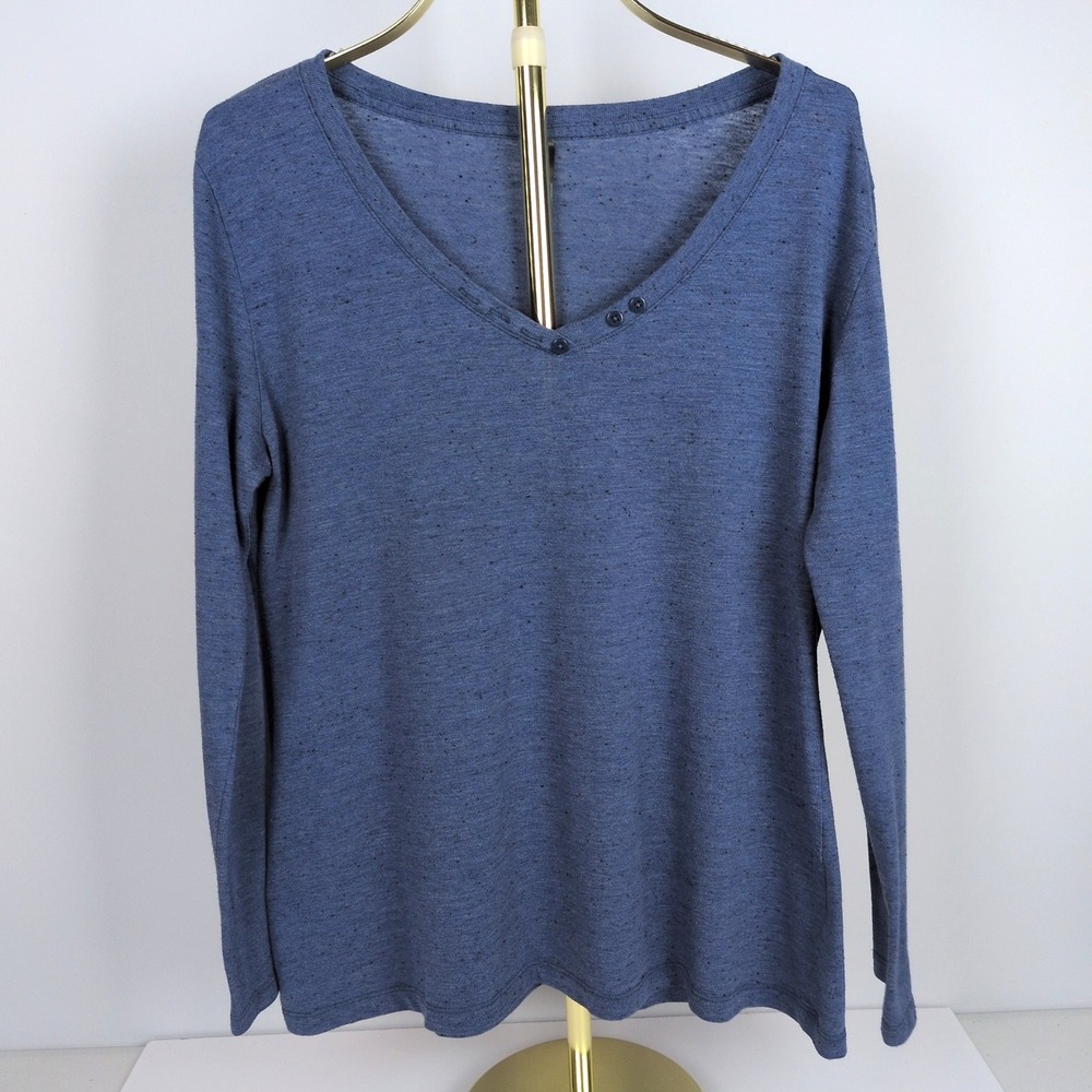 District Made Women XL Long Sleeve V-Neck Top Blue Speckled Henley Tri-Blend